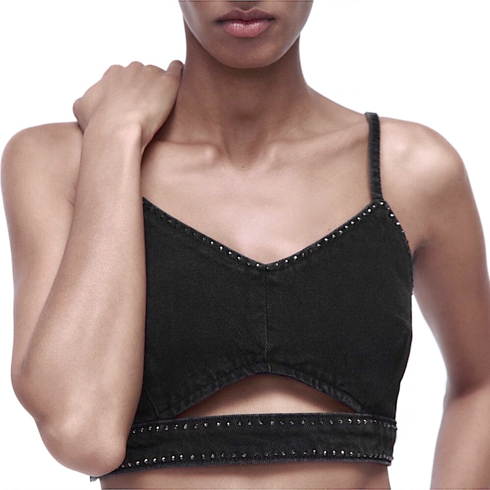 NWT Zara Rhinestone Denim Crop Top